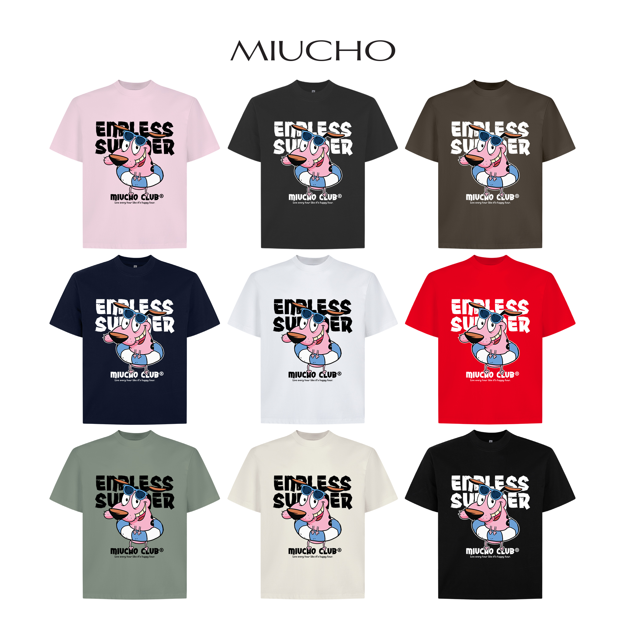 Áo phông form boxy in hoạt hình dễ thương 2359 Miucho Club cổ tròn vải cotton 2 chiều cao cấp in mix