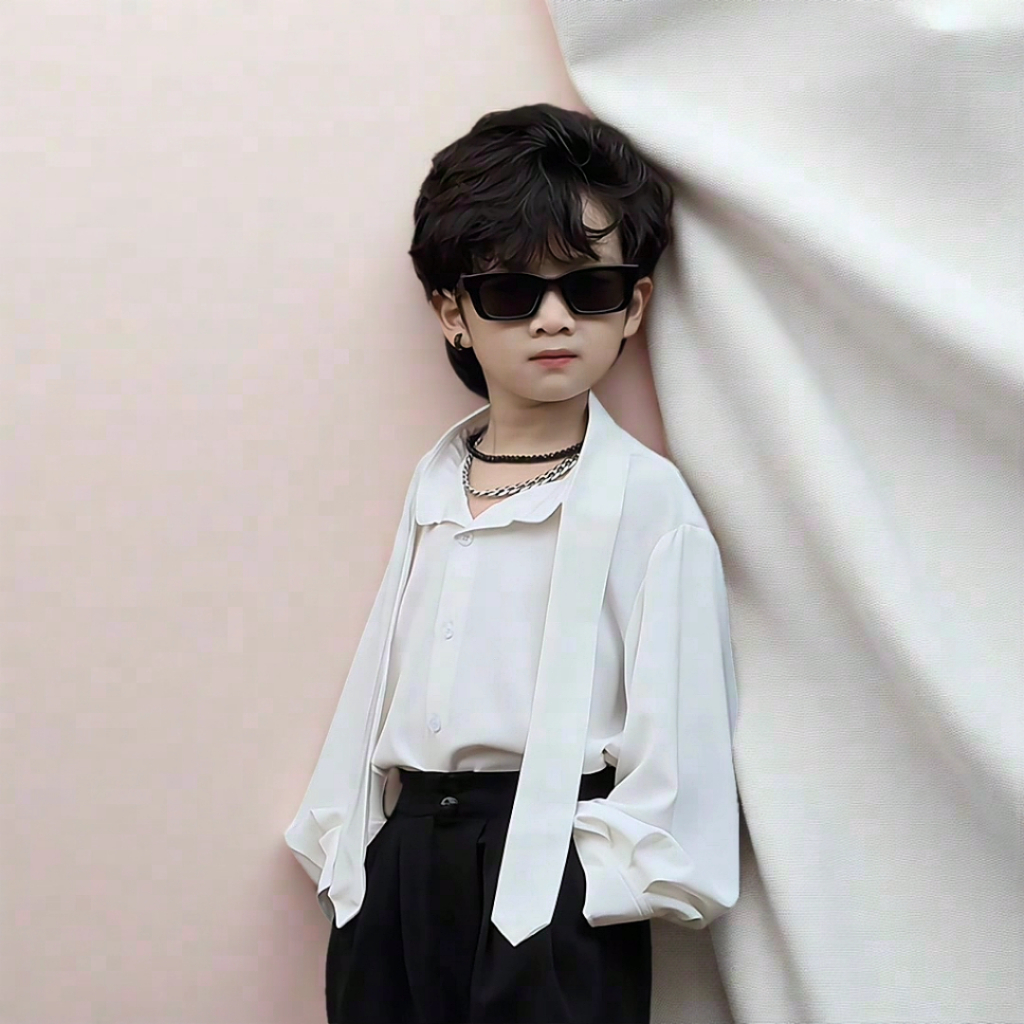 Áo Lụa Kem Cổ Dây, Quần Suông Đen Cho Bé Trai, Bé Gái.._thumbnail_6