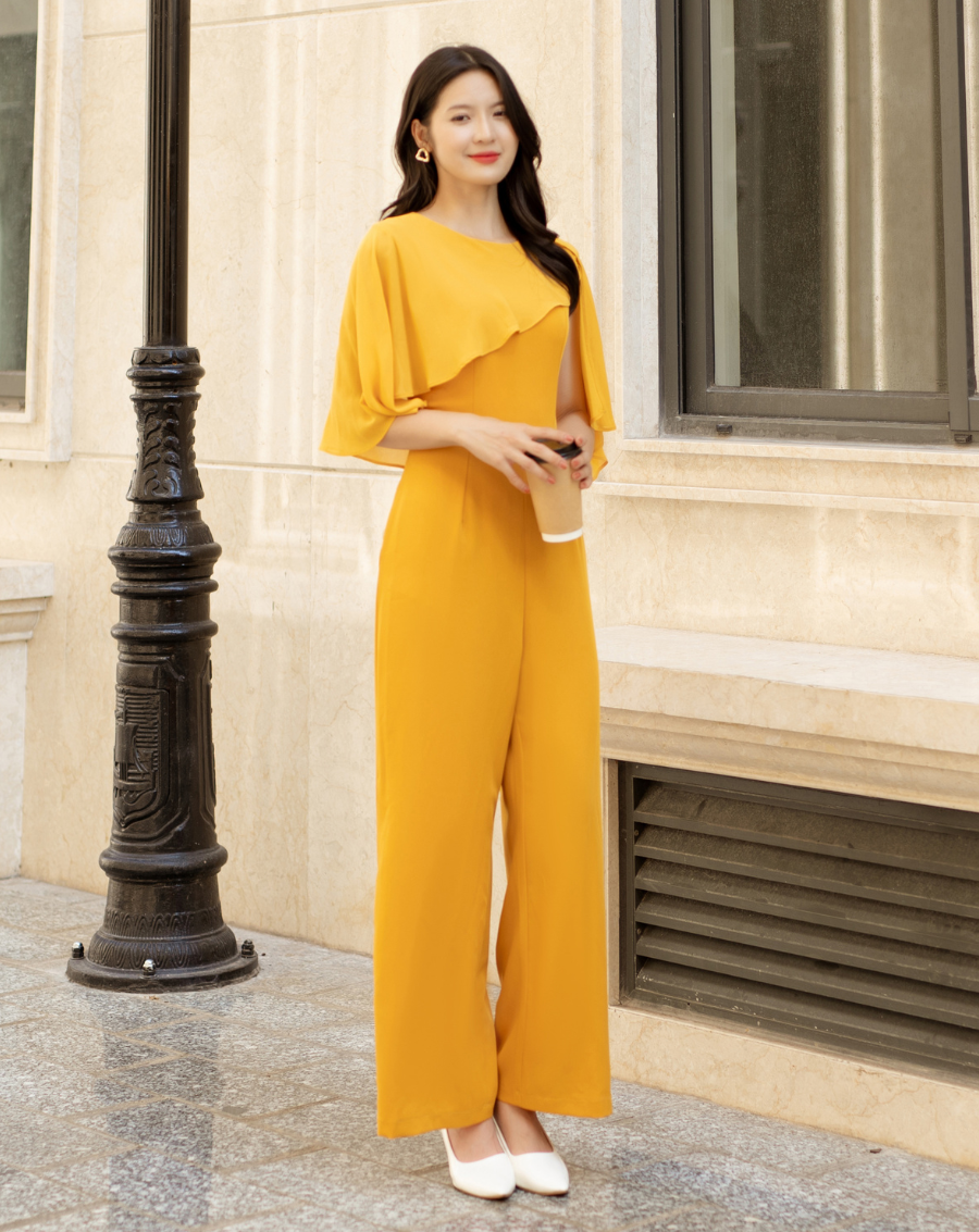 Jumpsuit dài cổ tròn phối tay sang trọng