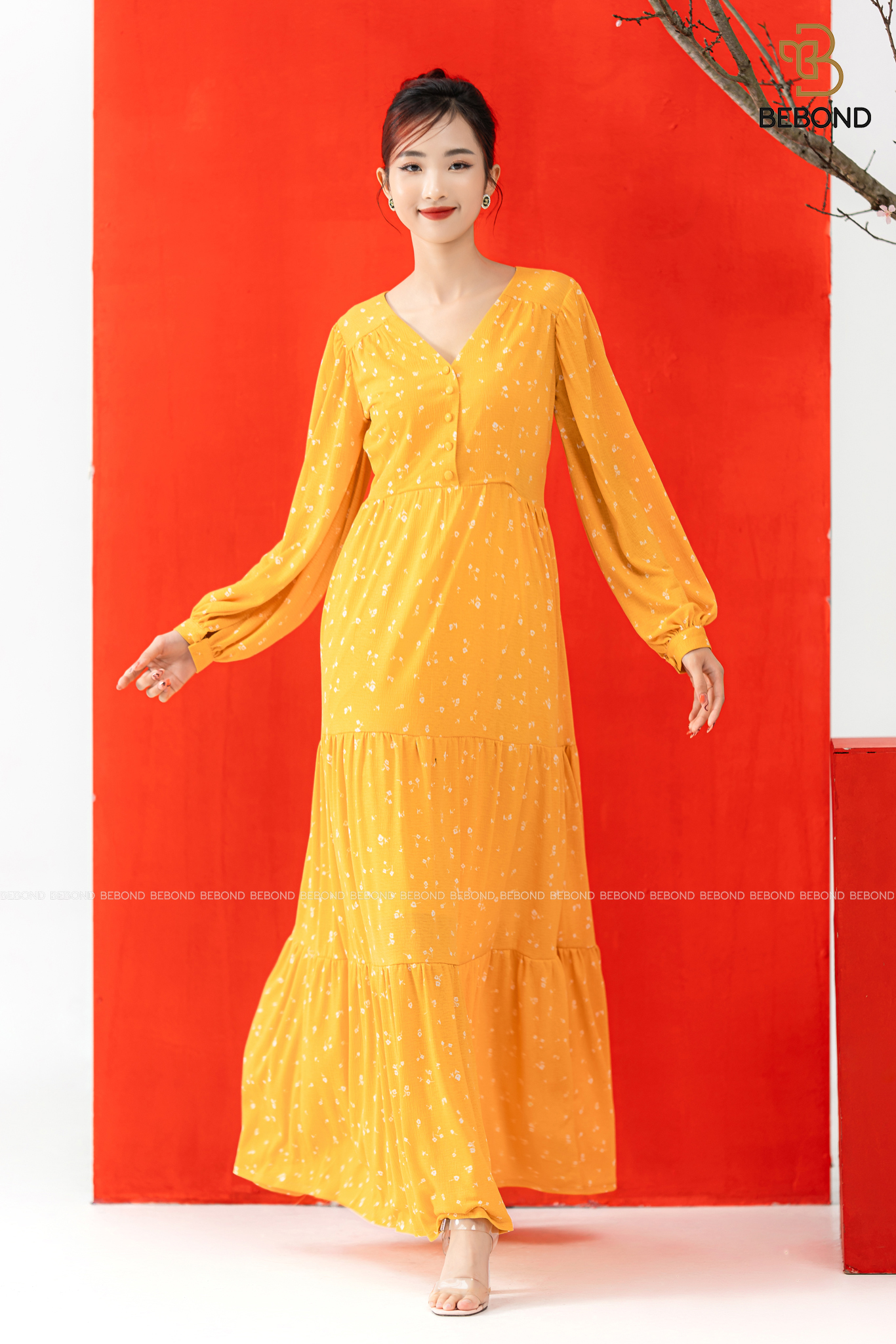 Đầm maxim cổ tim VÀNG HOA TRẮNG- Wendy Dress_thumbnail_0