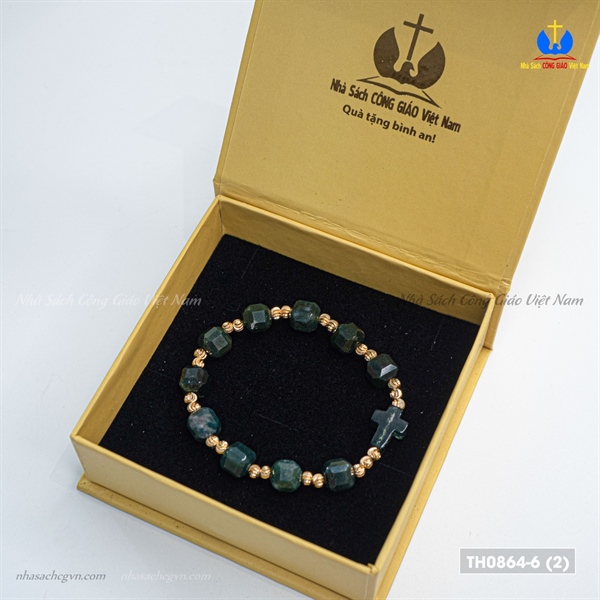 Vòng Mân Côi đá vuông 8ly màu xanh ngọc bích vàng thánh giá đá_thumbnail_1