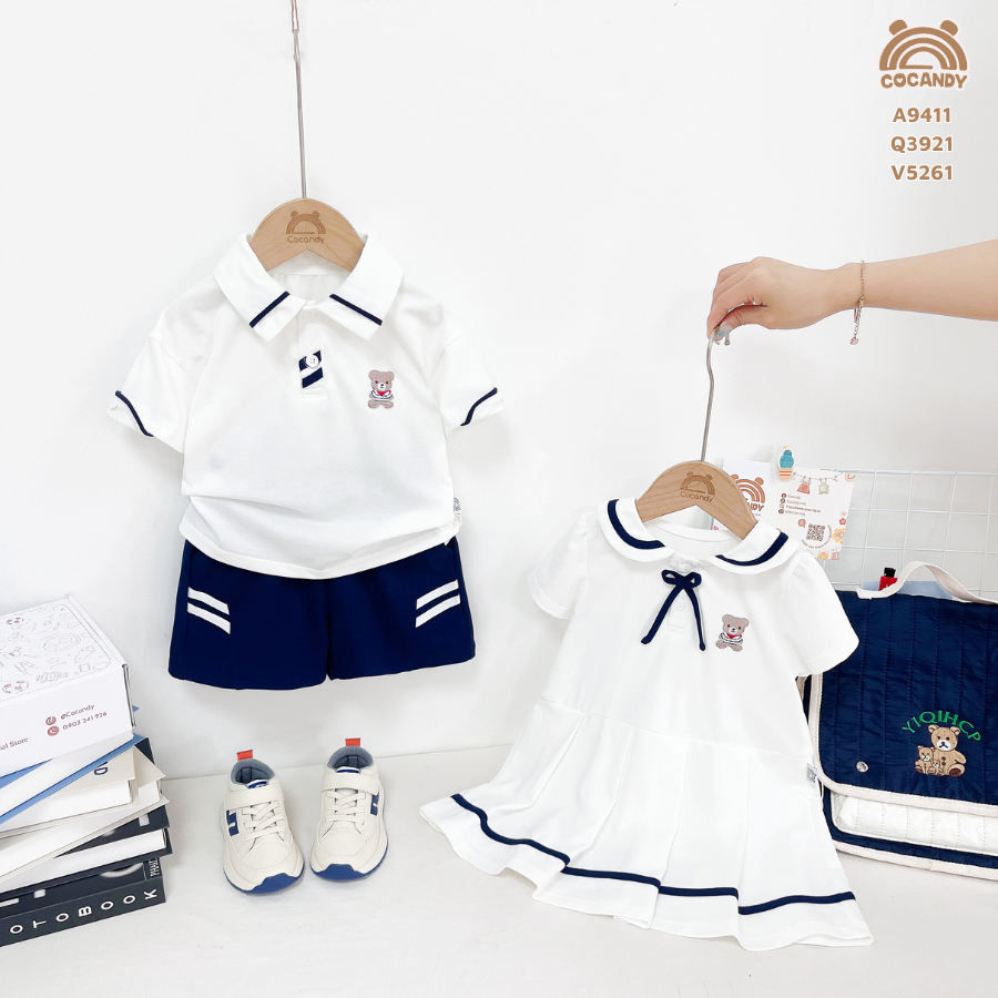 Áo cộc TRẮNG polo viền cổ xanh than thêu gấu_thumbnail_5