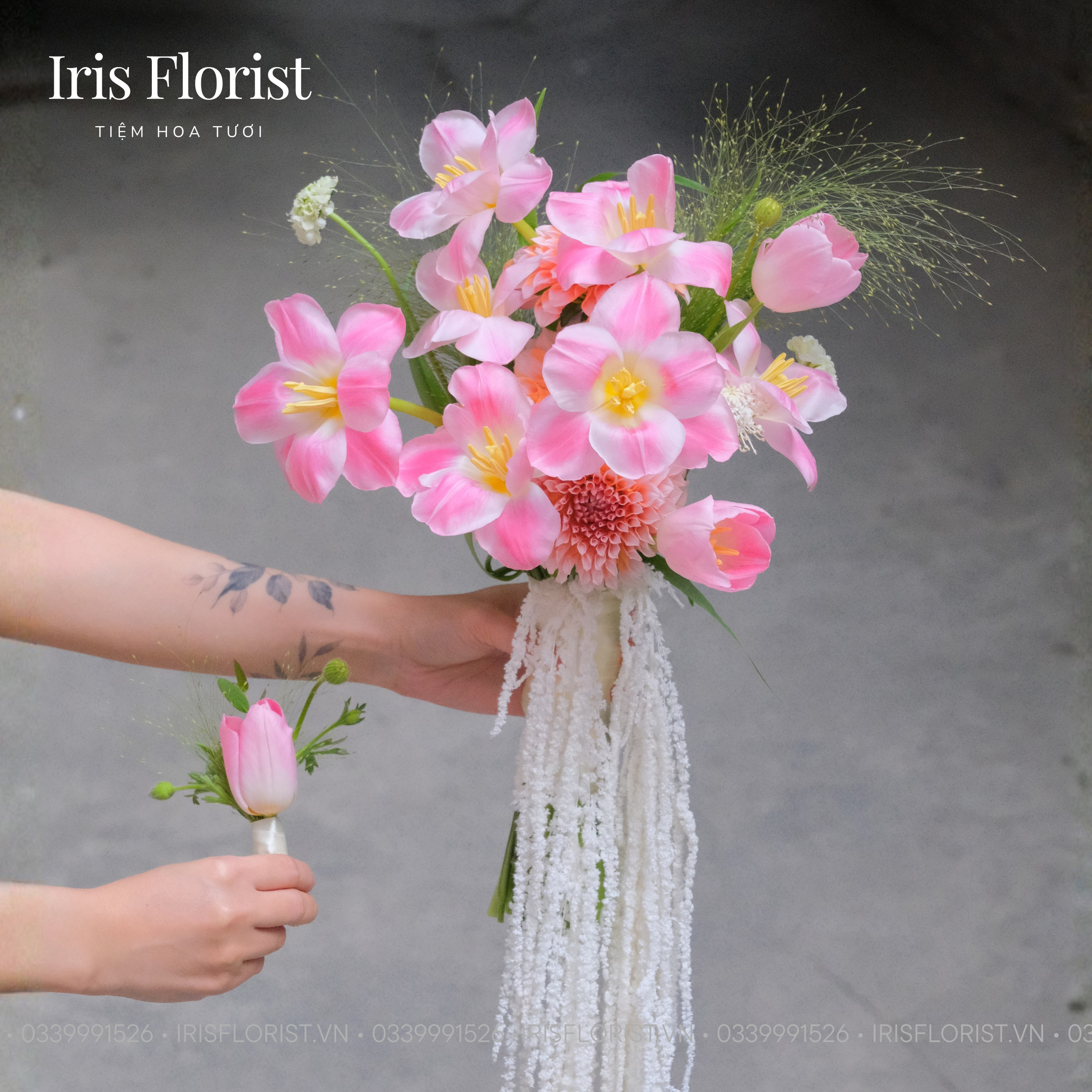 Bó hoa cưới Tulip hồng mix dền rủ trắng