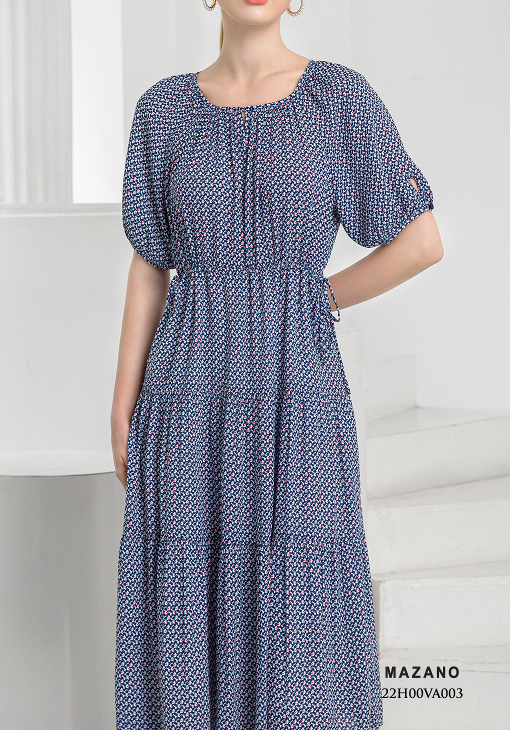 Đầm xanh họa tiết rủ tâng rút dây eo_thumbnail_3