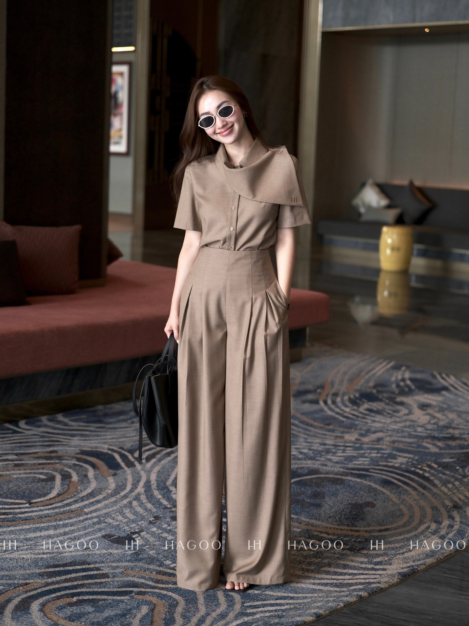 Set áo sơ mi vạt cổ quần suông HAGOO