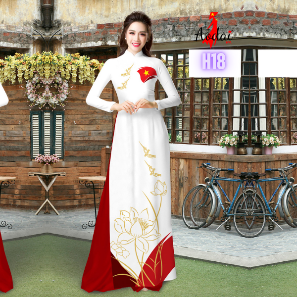 Bộ H18 Áo dài sao vàng nền trắng cổ cao 2cm tay dài