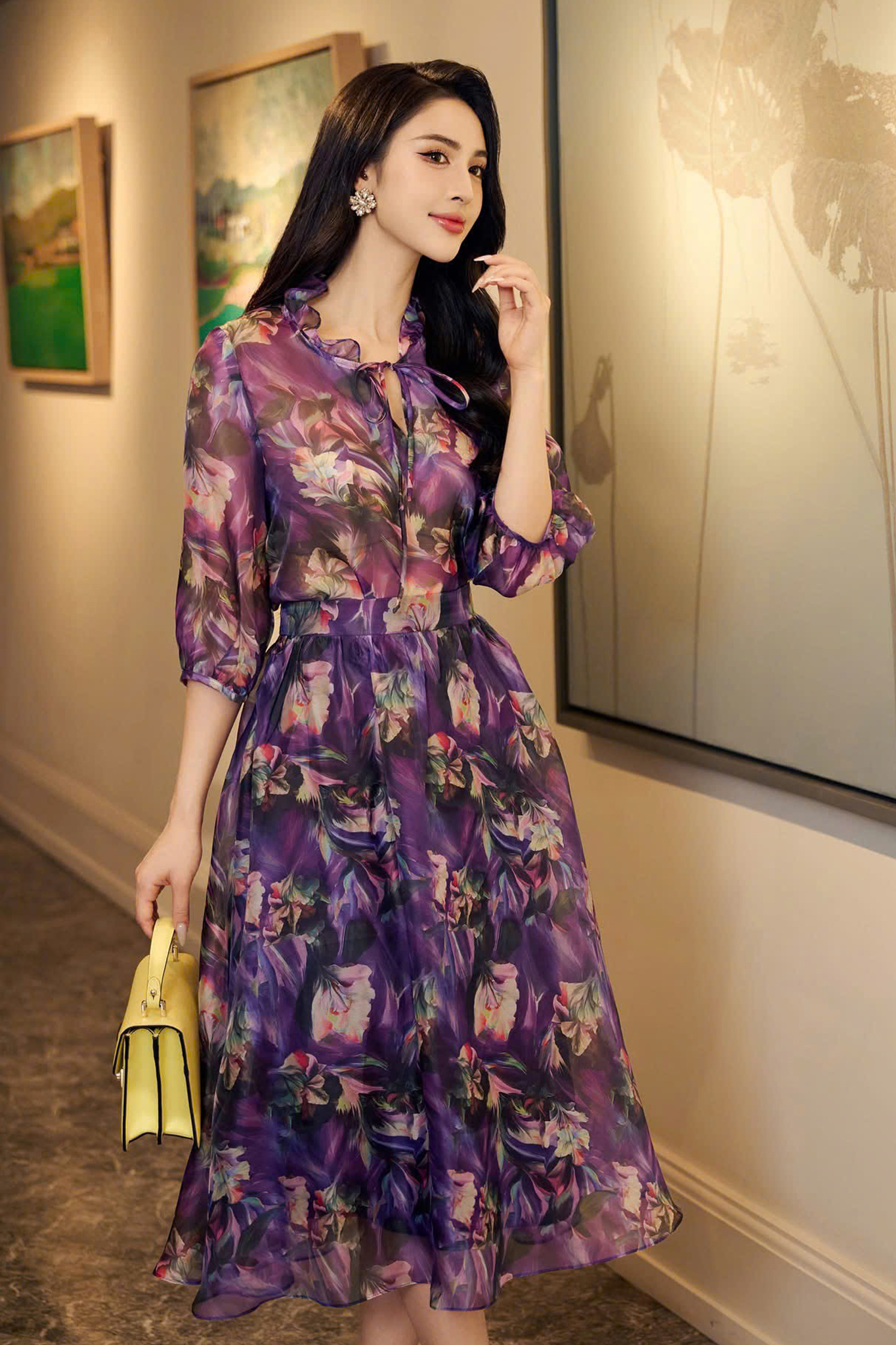 Đầm xòe họa tiết tím cổ nhún tay lỡ DL262