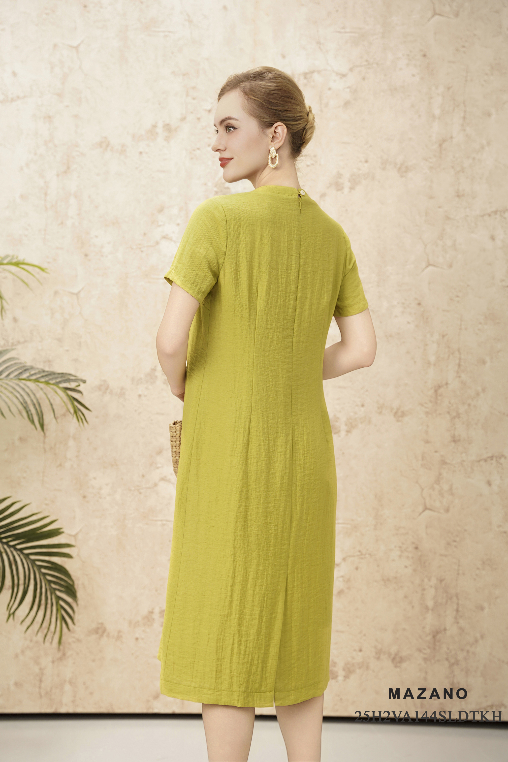 Váy Đầm Suông Vải linen lụa Thêu đính trang trí Cổ tàu cách điệu Tay ngắn Dài ngang bắp chân_thumbnail_5