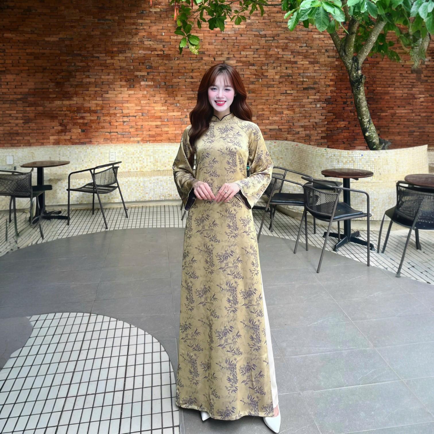 Áo Dài Cách Tân Nữ Dáng Suông Xưa Truyền Thống Tơ Hoa Lá MM01