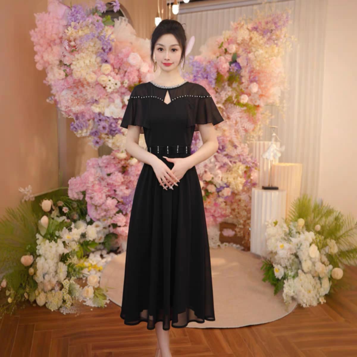 17456-Đầm voan xoè đen tay tiên viền hạt  cách điệu (voan, lót)_thumbnail_2