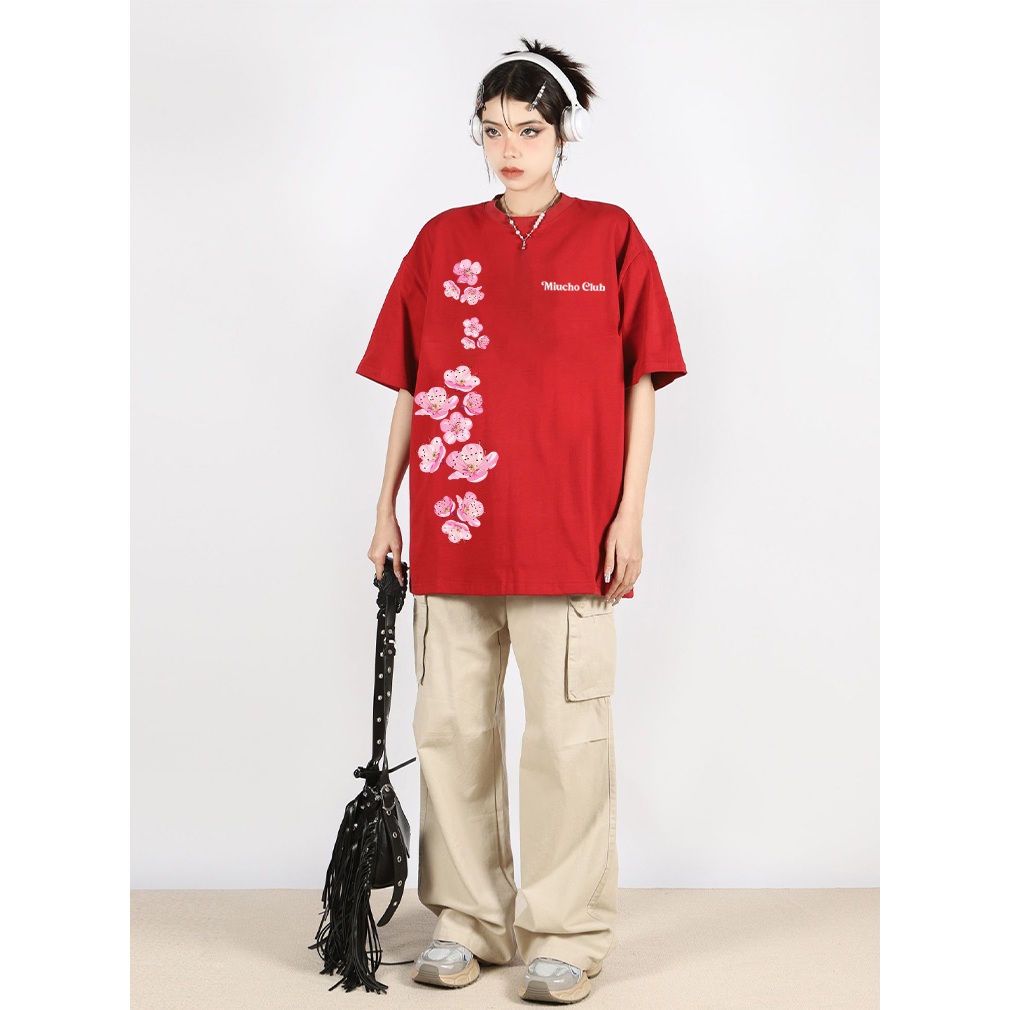 Áo thun Tết in hoa đào form rộng local brand ATD923 Miucho tay ngắn cổ tròn in mix_thumbnail_2