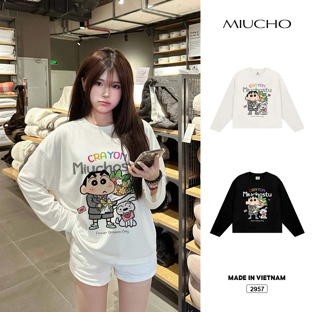 Áo thun boxy tay dài hoạt hình đáng yêu Miucho vải thoáng mát cổ tròn in mix 2957