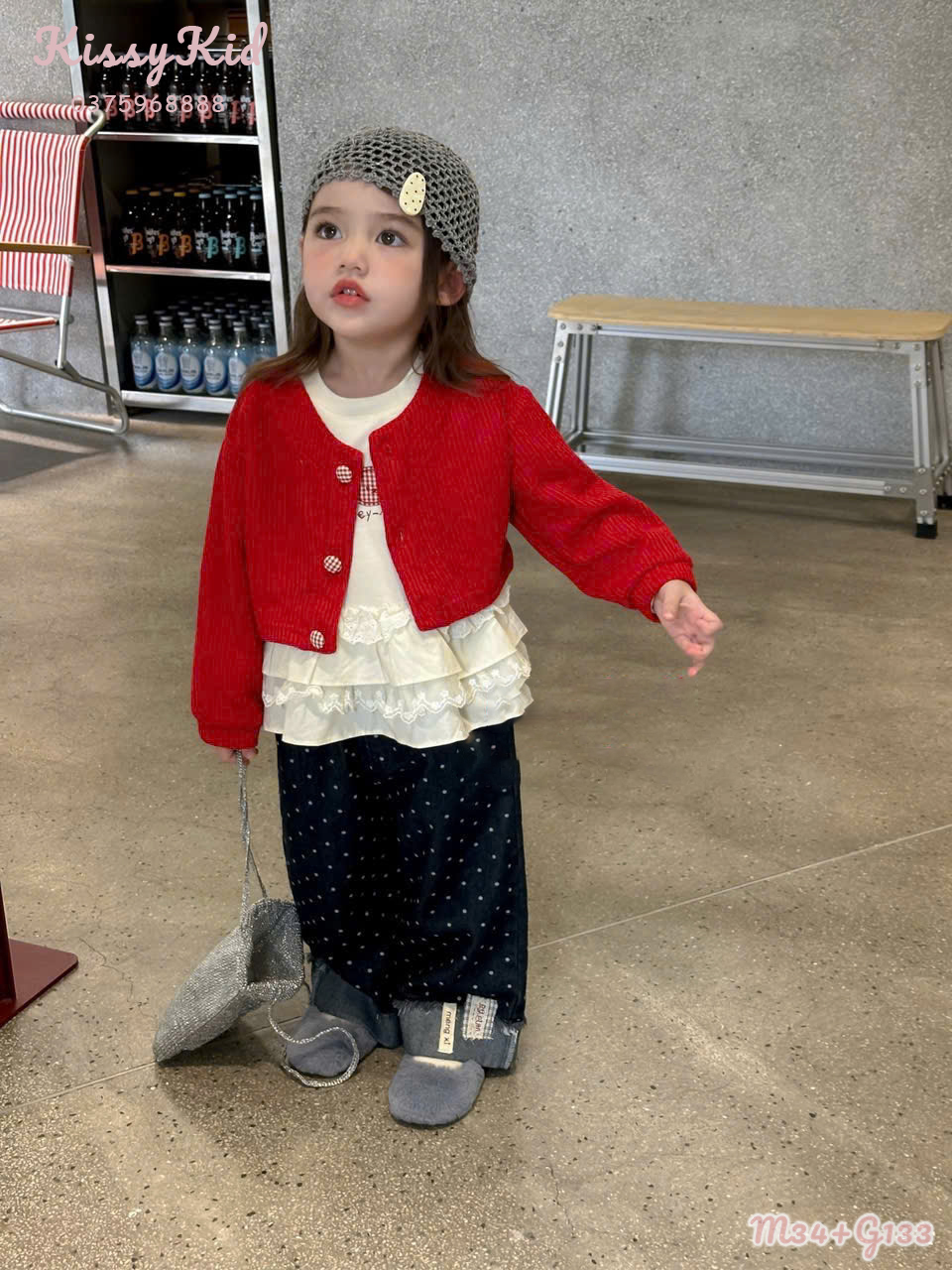 (M34) Áo cardigan đỏ lửng 3 cúc kẻ Hey Mingxing