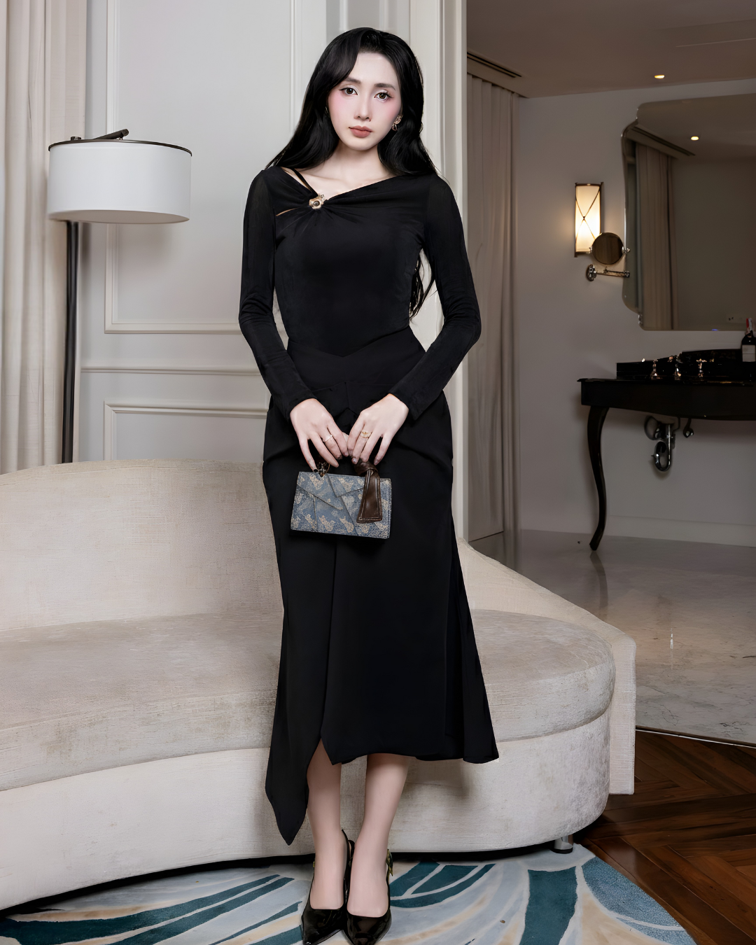 Túi xách UHE_2519 Vera – túi kẹp nách họa tiết vintage, tay cầm da nâu_thumbnail_5