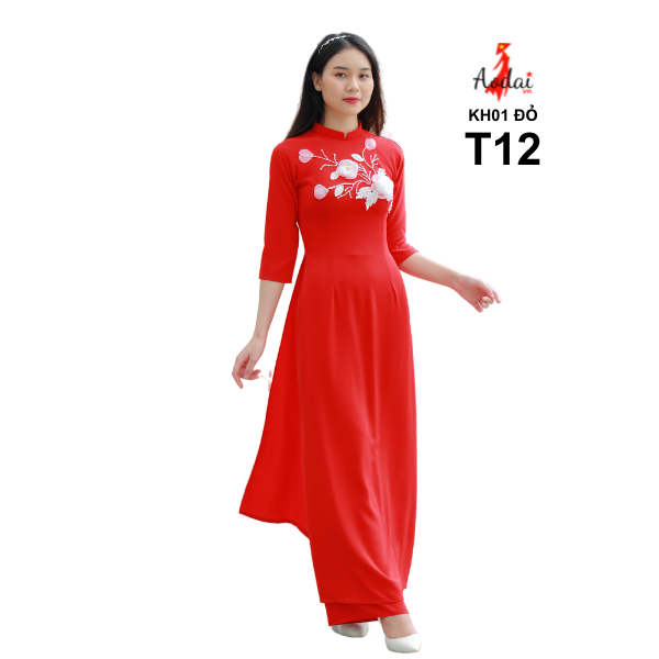Áo dài T12 AODAIVN KH01 màu đỏ cổ cao 2cm tay lỡ thêu hoa