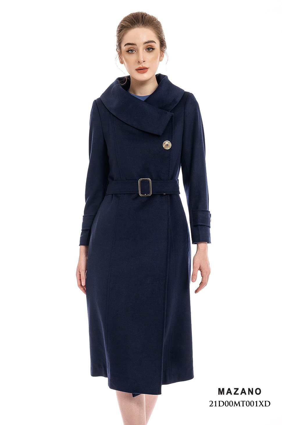 Măng tô xanh than cổ cao thắt đai