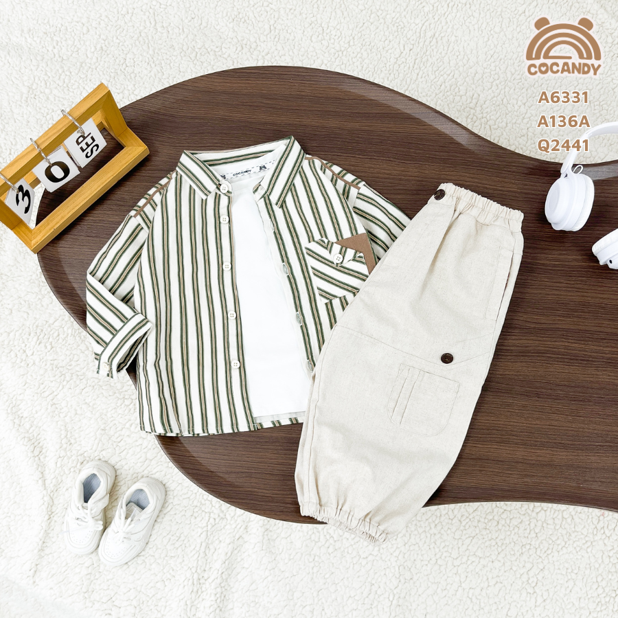 Áo dài BE sọc XLÁ túi ngực phối NÂU_thumbnail_1