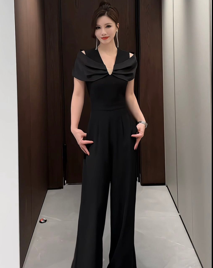 Jumpsuit dài cổ tim phối nơ trễ vai sang trọng_thumbnail_4