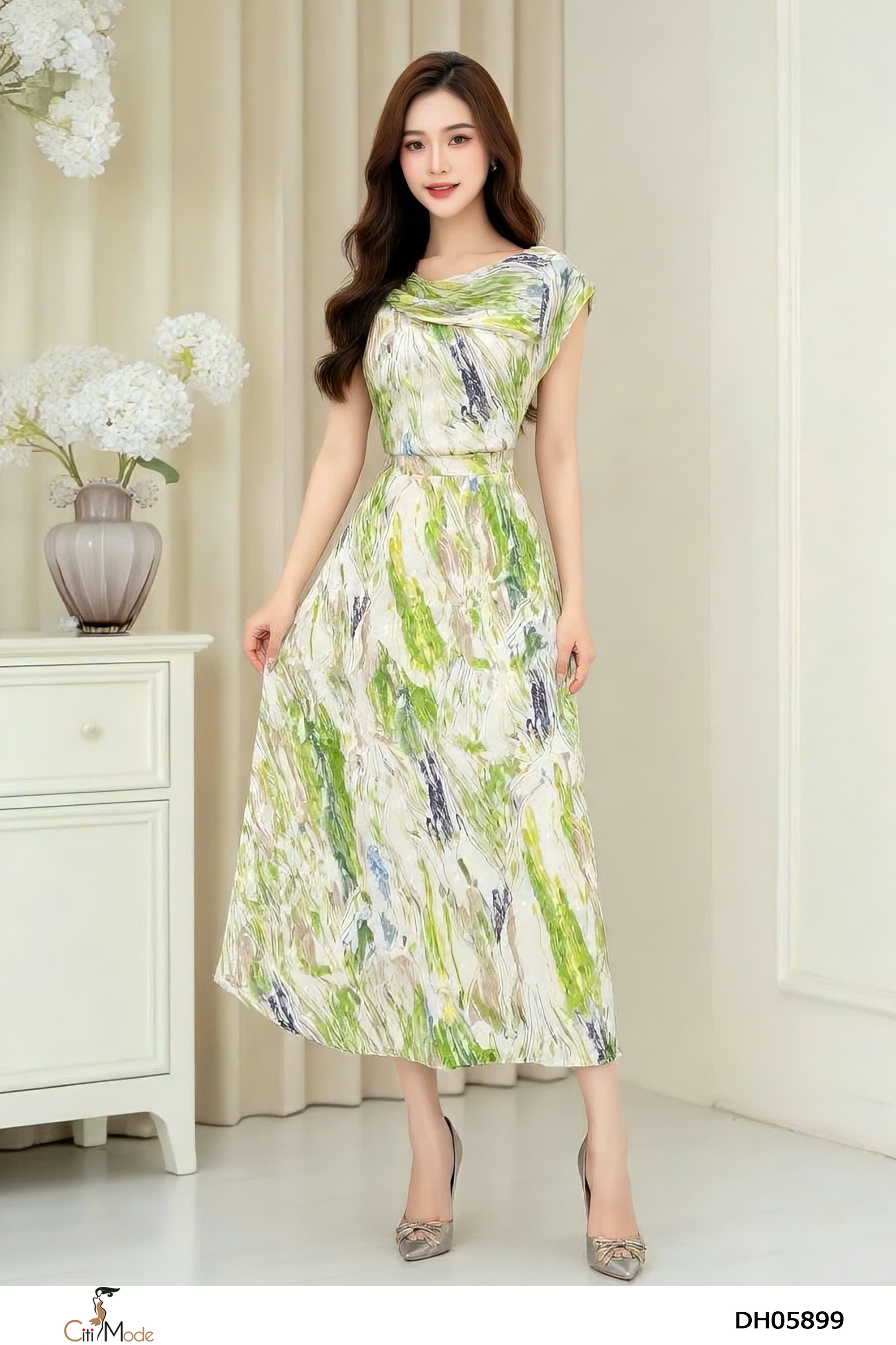 Đầm xòe hoa xanh tay liền. nhún eo + cách điệu cổ_thumbnail_0