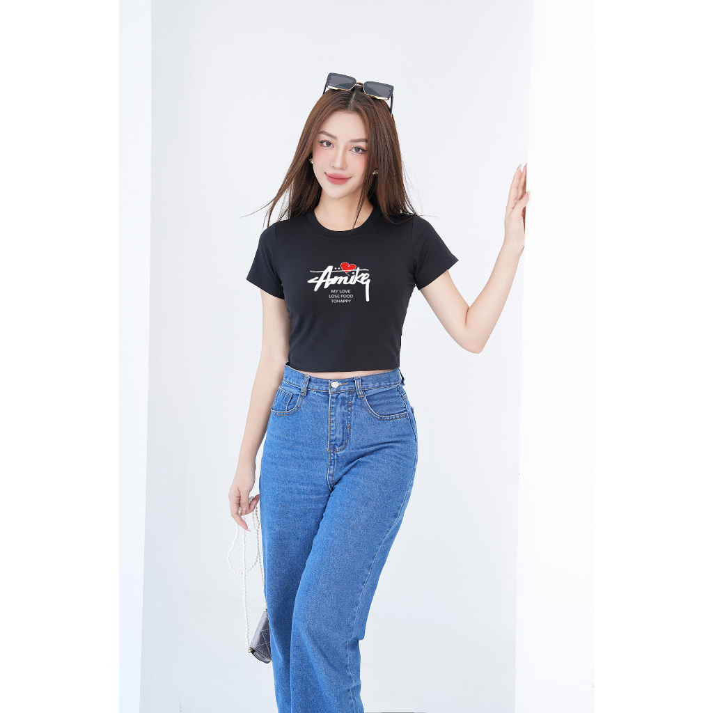 [Form ôm] Áo croptop nữ in chữ Amikq - Áo thun dáng croptop slim fit - LOZA CR6385_thumbnail_0