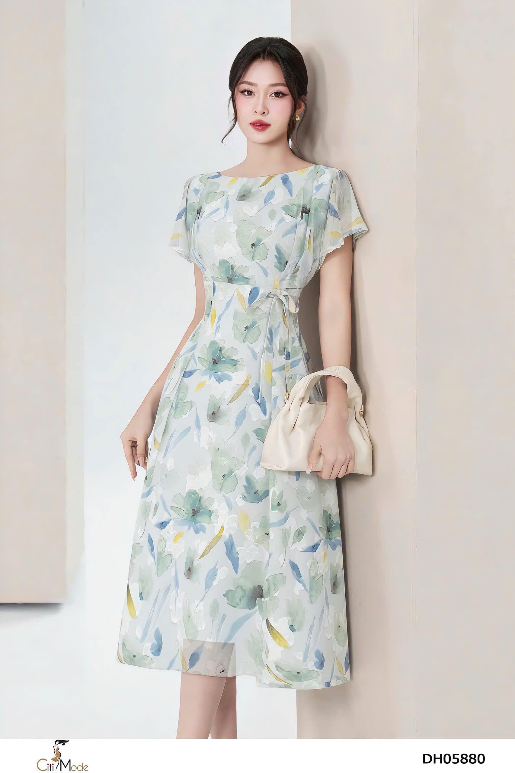 Đầm xòe liên hoa nổi 3D tay cách điệu đính nơ eo_thumbnail_2