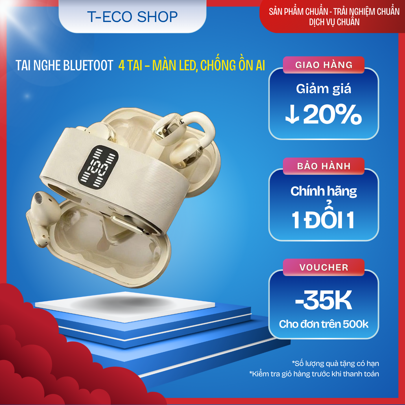 T-ECO SHOP | Tai Nghe Bluetooth 4 Tai – Màn LED, Chống Ồn AI, Âm Thanh Stereo, Pin Lâu