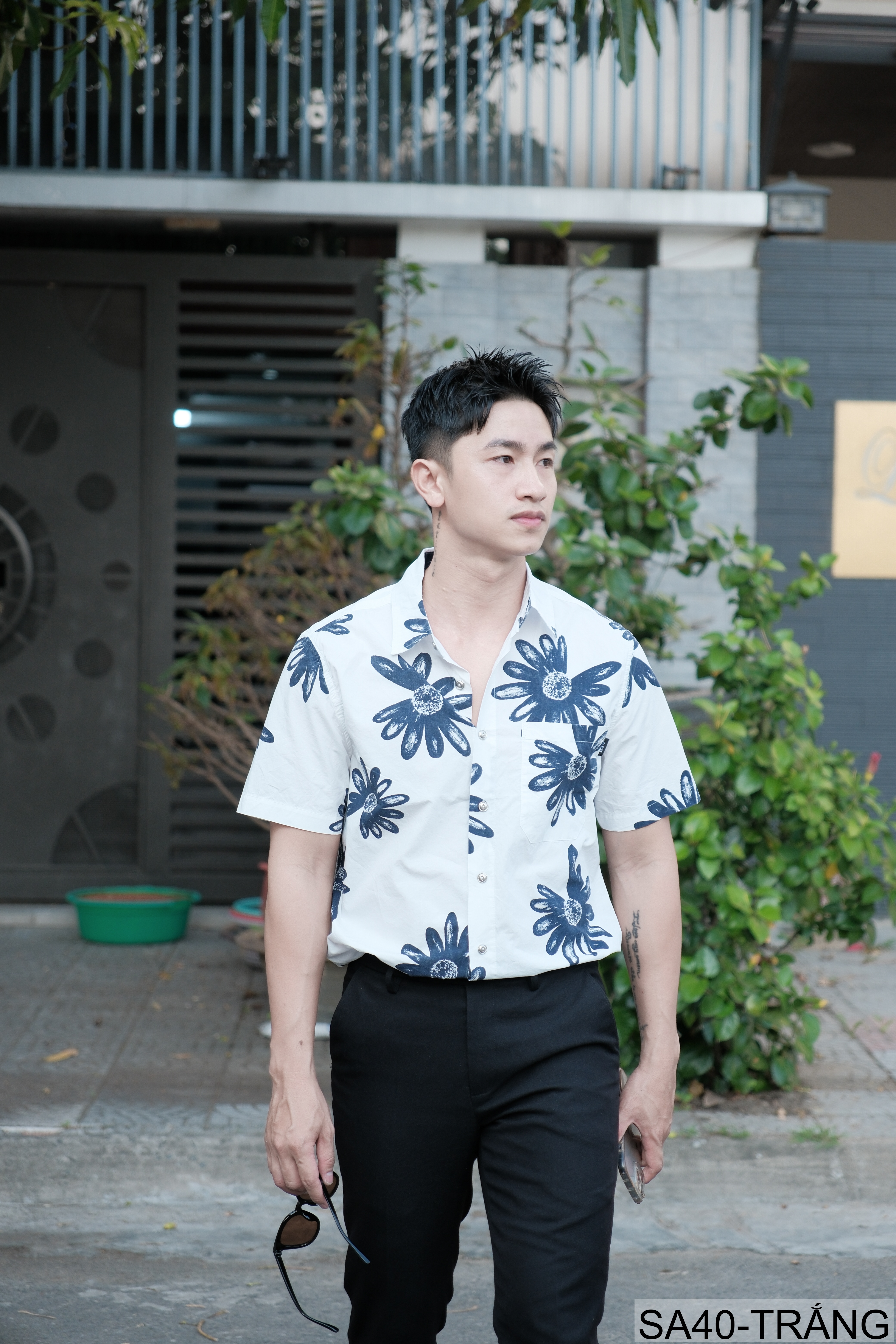 SA40 - Áo sơ mi nam tay ngắn họa tiết hoa cúc, phong cách Hàn Quốc, chất cotton thoáng mát