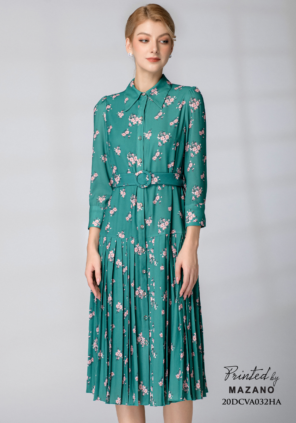 Đầm xanh lá dập ly họa tiết thắt đai_thumbnail_2