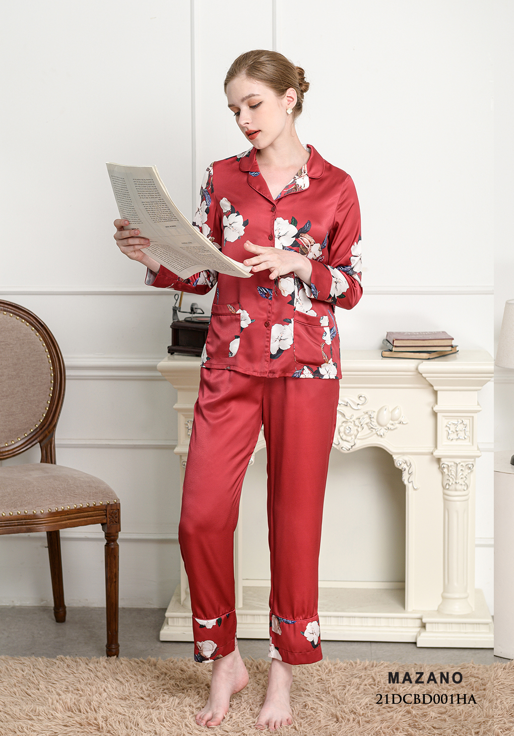 Bộ đồ Pijama dài tay lụa đỏ hoạ tiết hoa_thumbnail_2