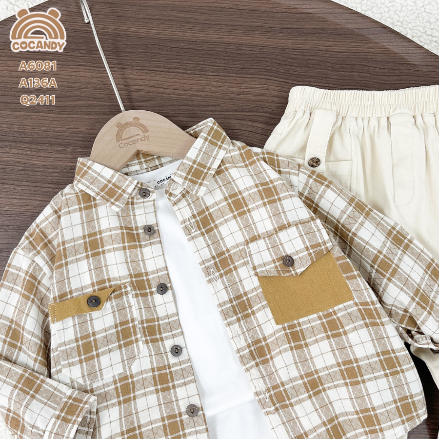 Áo dài caro NÂU 2 túi ngực cúc gỗ_thumbnail_3