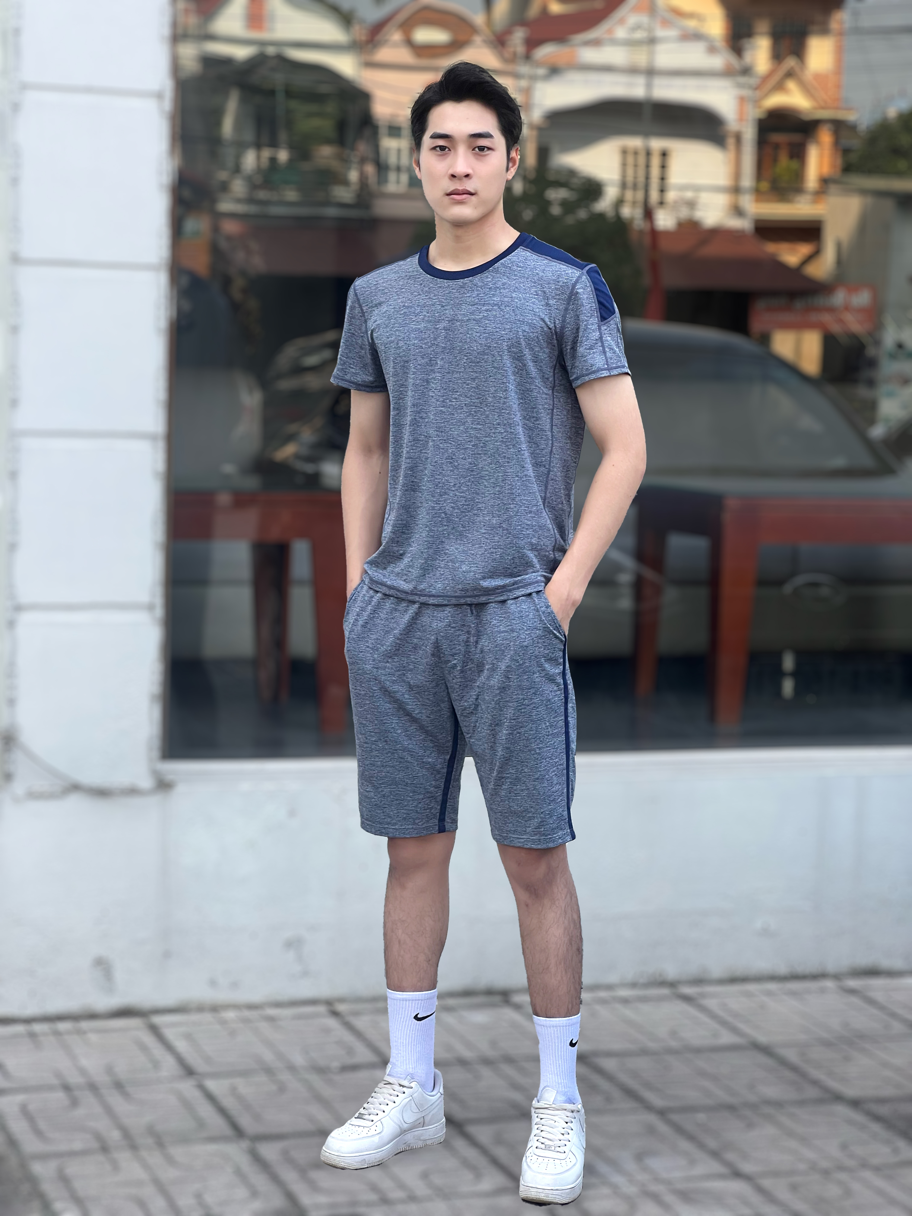 BỘ QUẦN ÁO THỂ THAO NAM POLYESTER LYCRA MÀU GHI ÁNH XANH NARSIS - PRO-ACTIVE KHỎE KHOẮN E23001 NA...