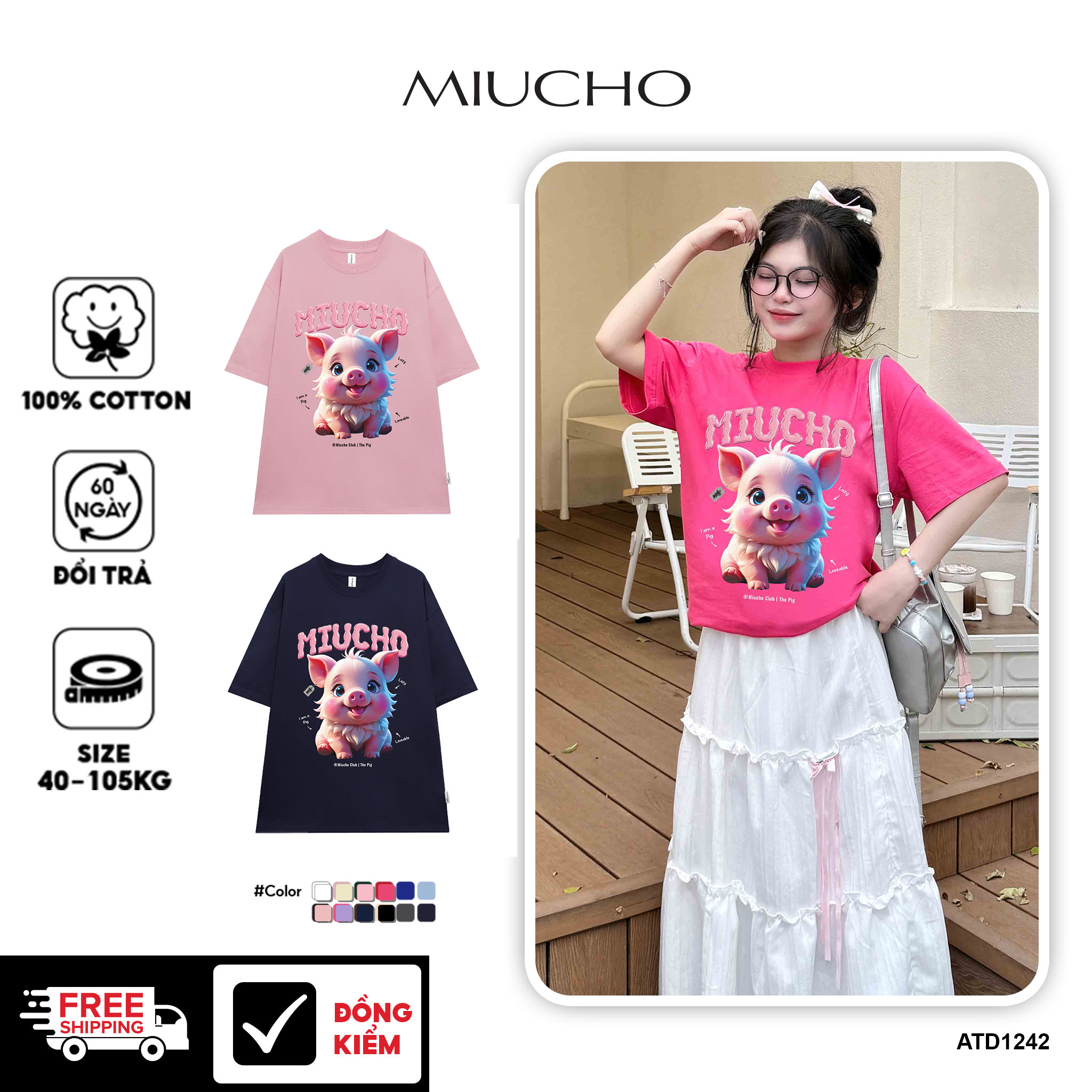 Áo thun form rộng 12 con giáp tuổi Hợi (tuổi heo) ATD1242 Miucho tay ngắn cổ tròn in mix