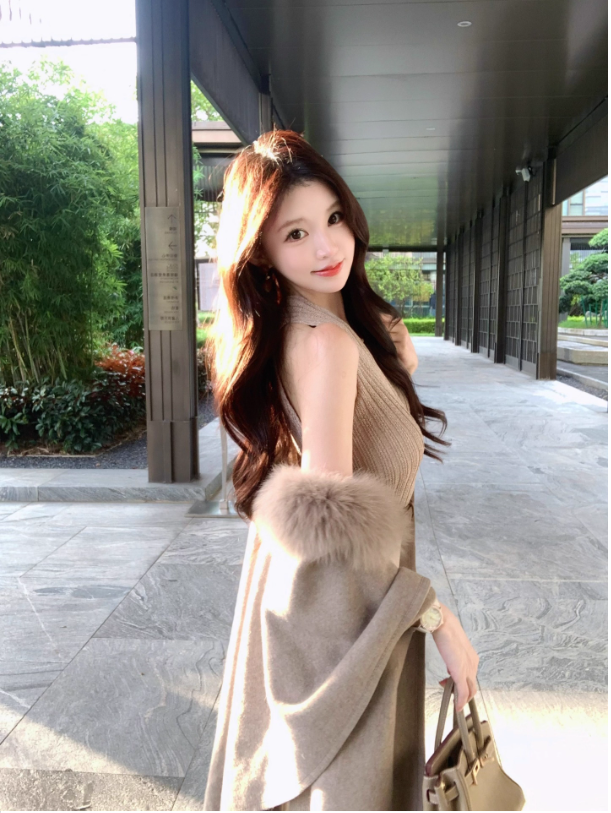 Áo Choàng & Đầm Len Dệt Kim Màu Kaki Phong Cách Pháp_thumbnail_5