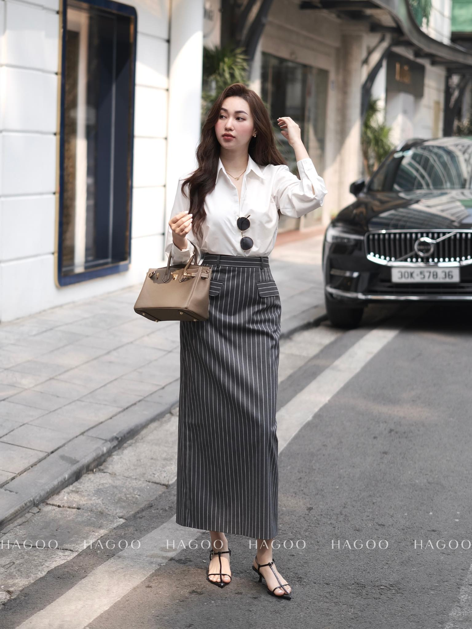 Chân váy kaki sọc ghi chì HAGOO