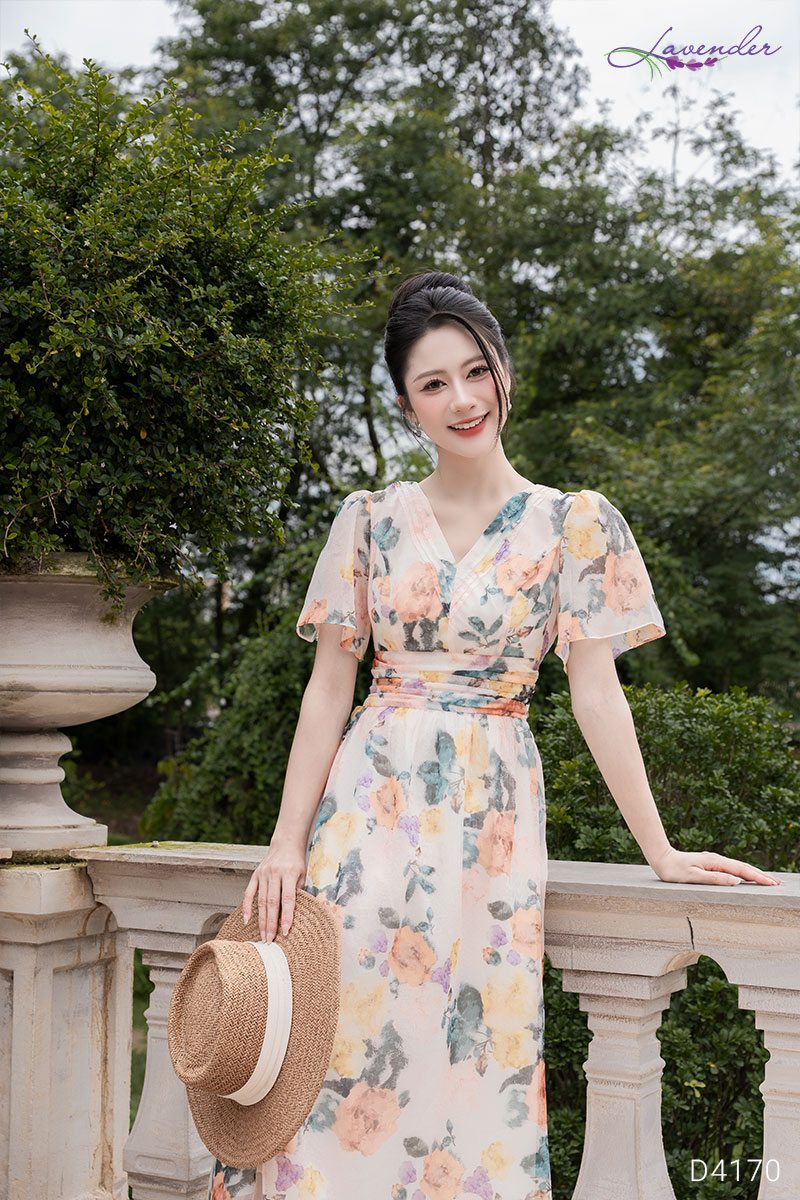 Đầm tơ hoa cam cổ V tay ngắn D4170_thumbnail_3