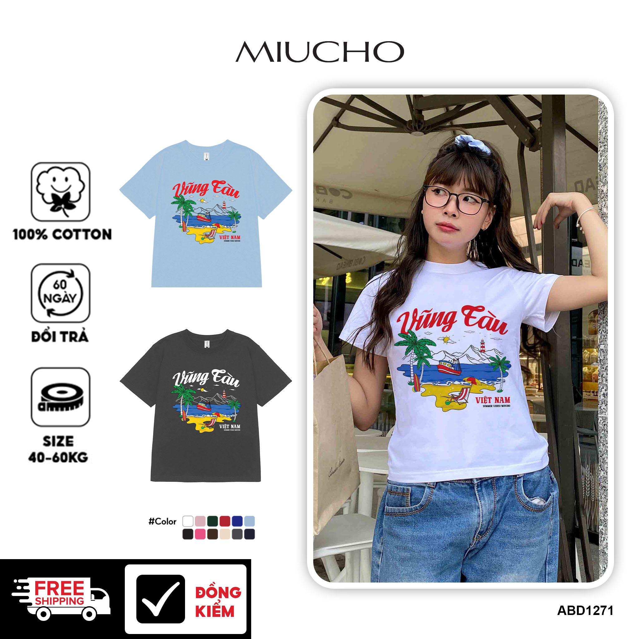 Áo thun baby tee form ôm xinh xắn ABD1271 Miucho tay ngắn cổ tròn in hình Vũng Tàu
