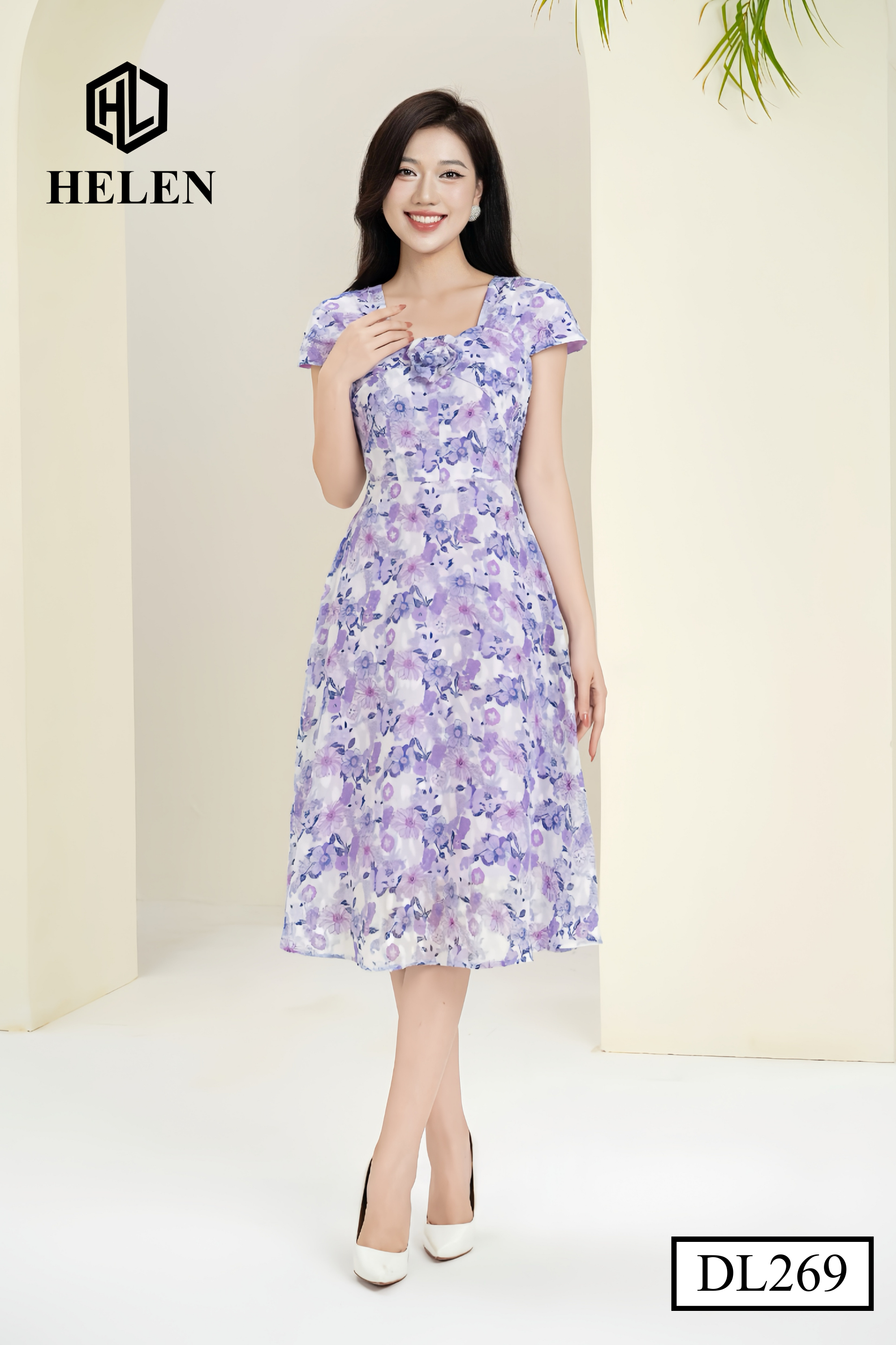 Đầm xòe hoa tím cổ vuông đính hoa ngực DL269_thumbnail_2