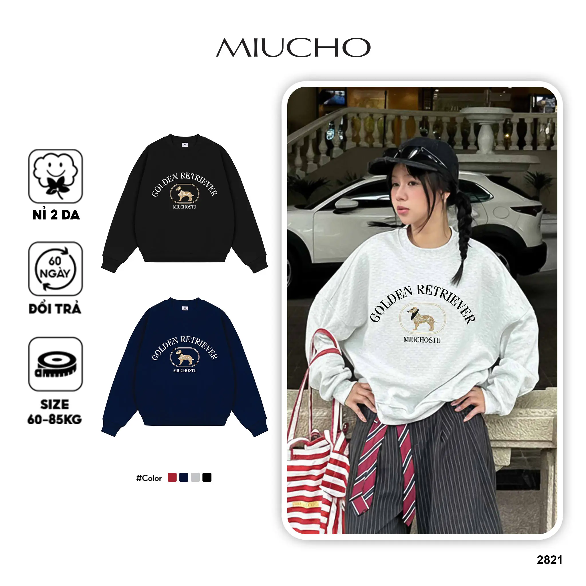 Áo Sweater form boxy Miucho Club nỉ 2 da thoáng mát thấm hút tốt basic dễ phối đồ in mix 2821