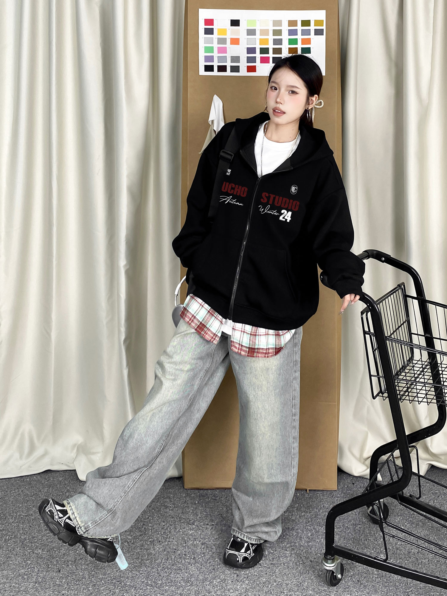 Áo hoodie zip nữ local brand HZD1586 Miucho vải nỉ chân cua dày dặn mủ rộng in typography_thumbnail_5