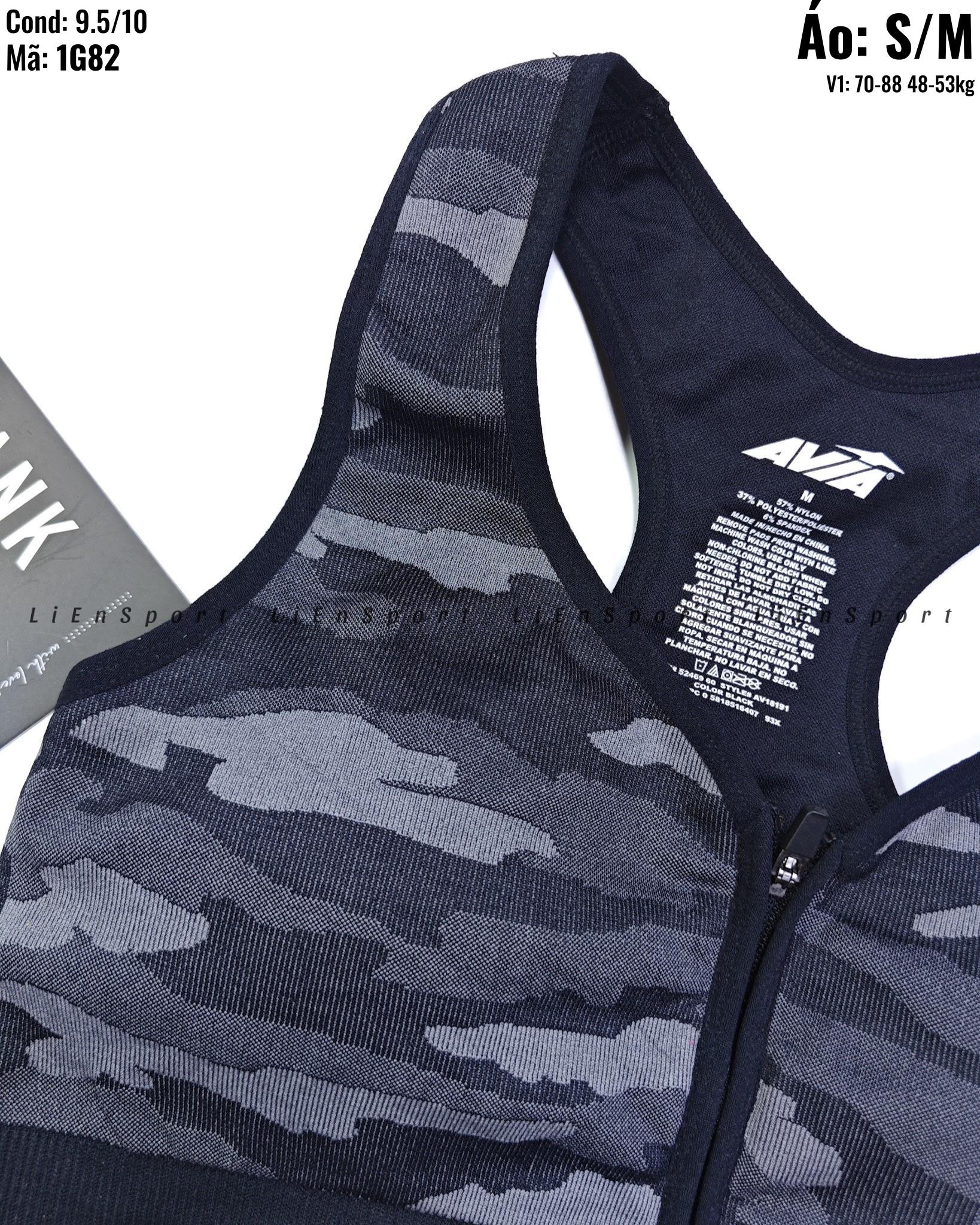 Avia Áo bra thể thao Nữ Size S Xám đen rằn ri Auth 2nd Dây vai bản to Khóa zip trước Vải dệt kim co giãn Thấm hút mồ hôi Nâng đỡ tốt Phù hợp gym yoga chạy bộ Mã:1G82