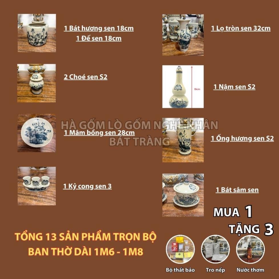 HG053 Đồ Thờ Cúng Bộ 13 món ban thờ 1M6 - 1M8 men rạn trơn nghệ nhân Bát Tràng chế tác TẶNG Thất Bảo, Tro Nếp_thumbnail_1