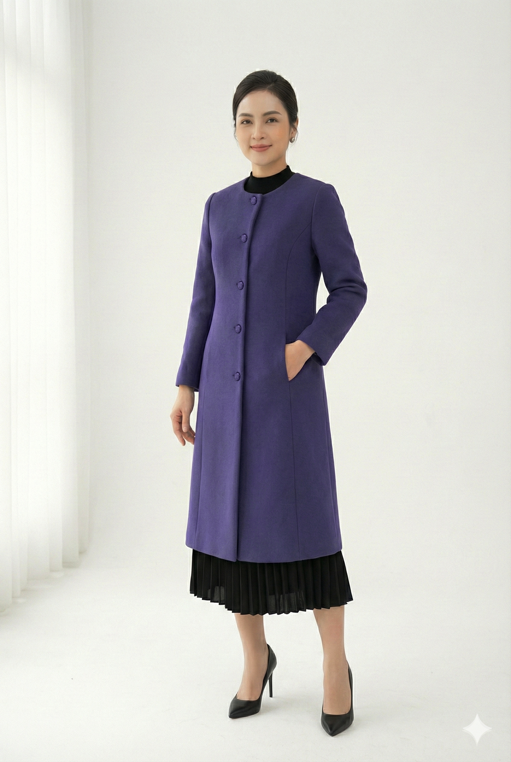 Áo măng tô Suông Vải dạ Cổ tròn Dài đến bắp chân_thumbnail_4