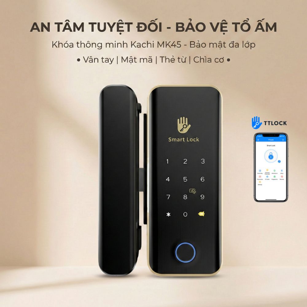 Khóa Cửa Thông Minh Kachi MK45 cho cửa không có khung như cửa kính, cửa gỗ trượt – Mở Khóa App + Vân tay + Chìa khóa + Thẻ từ + Mã số
