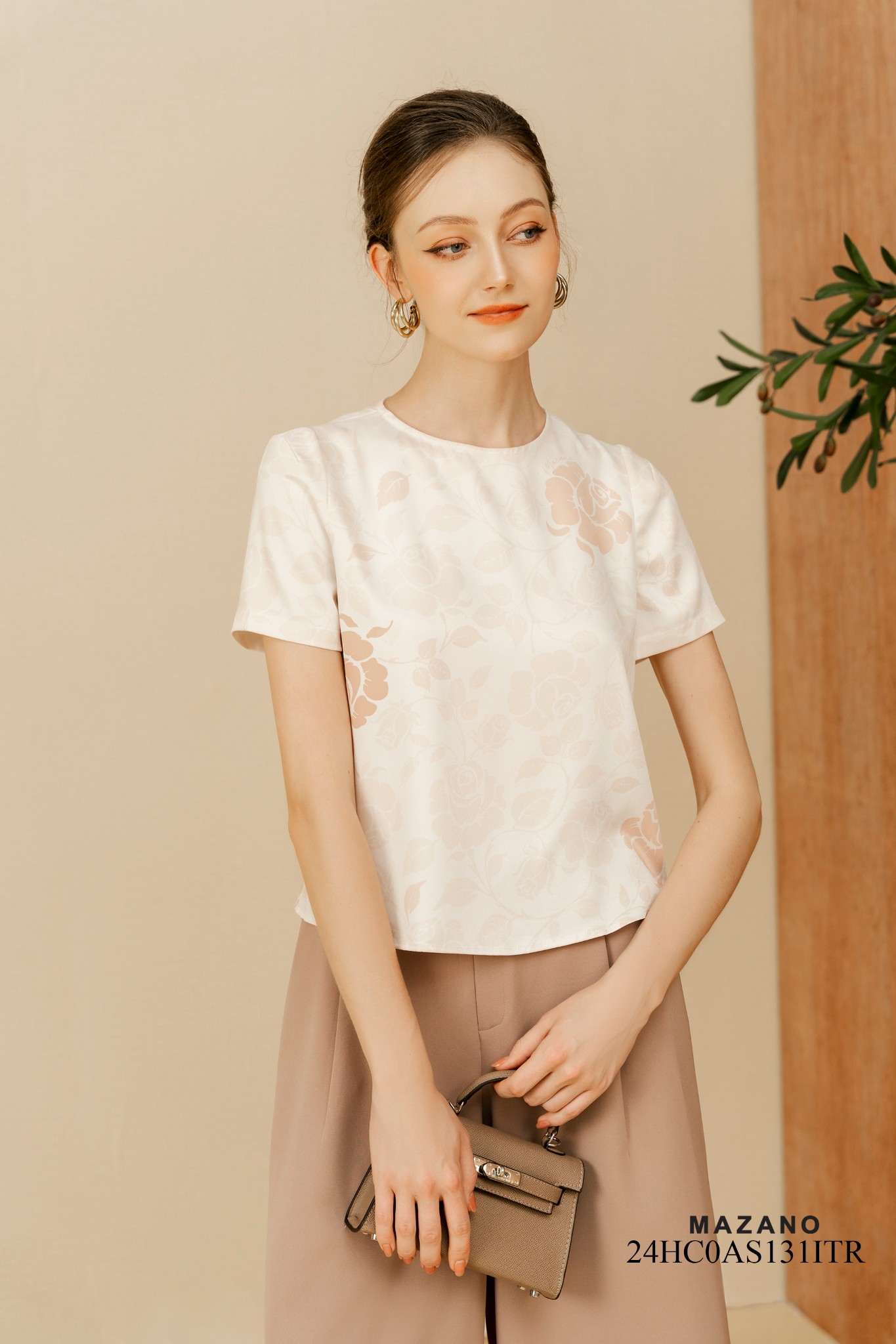 Áo Top ngắn chui đầu Suông Vải thô lụa Họa tiết hoa hồng in chìm Cổ tròn Tay ngắn Dài dưới eo_thumbnail_3