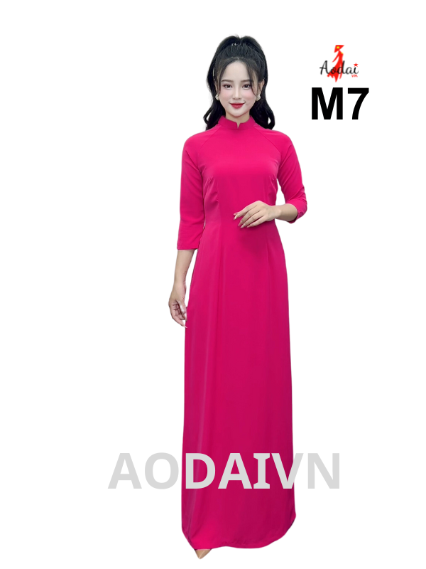 M7 Áo dài lụa Mỹ hồng sen cổ cao 2cm tay lỡ
