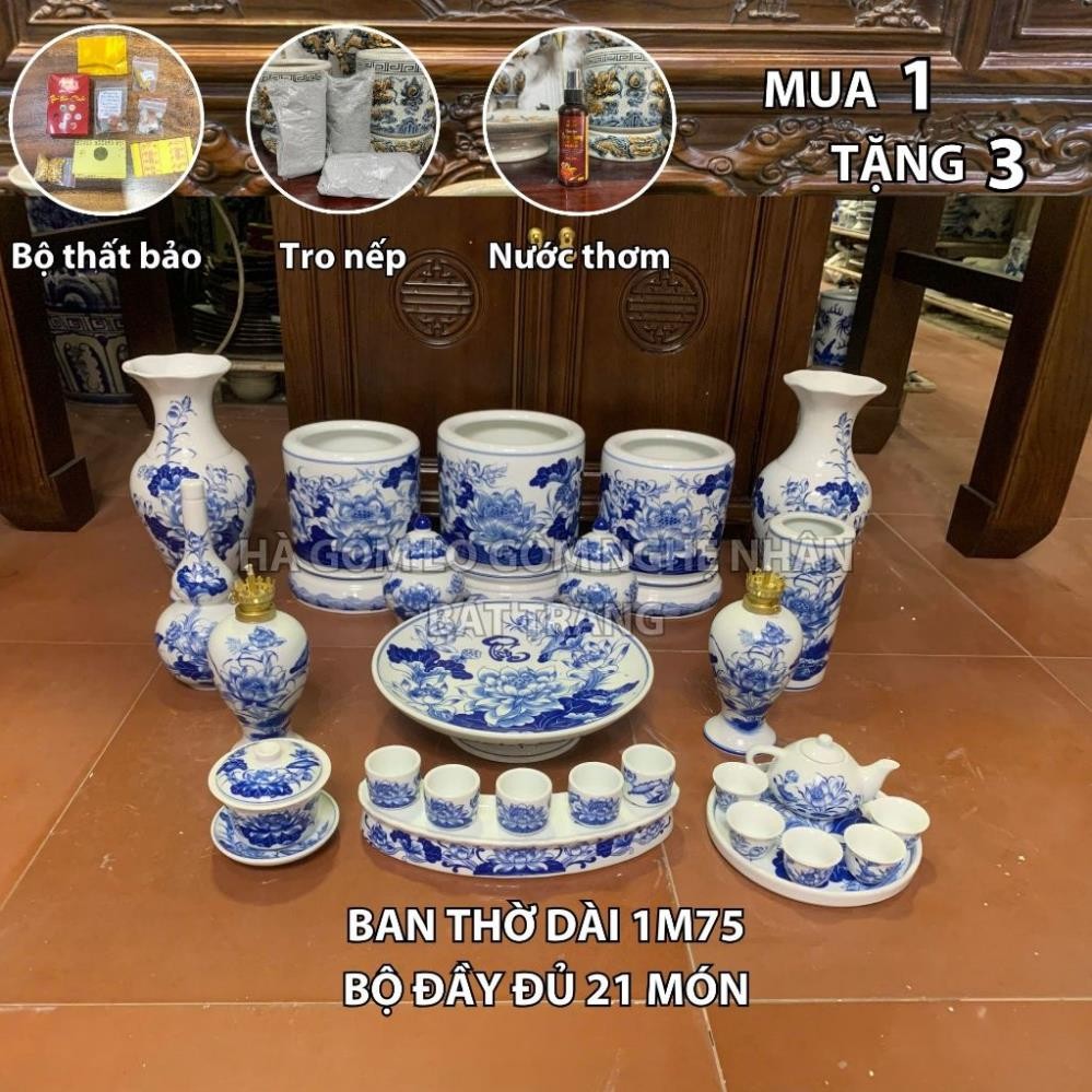 HG272 Đồ Thờ Cúng Bộ 21 món ban thờ 1M75 men trắng nghệ nhân Bát Tràng chế tác TẶNG Thất Bảo, Tro Nếp