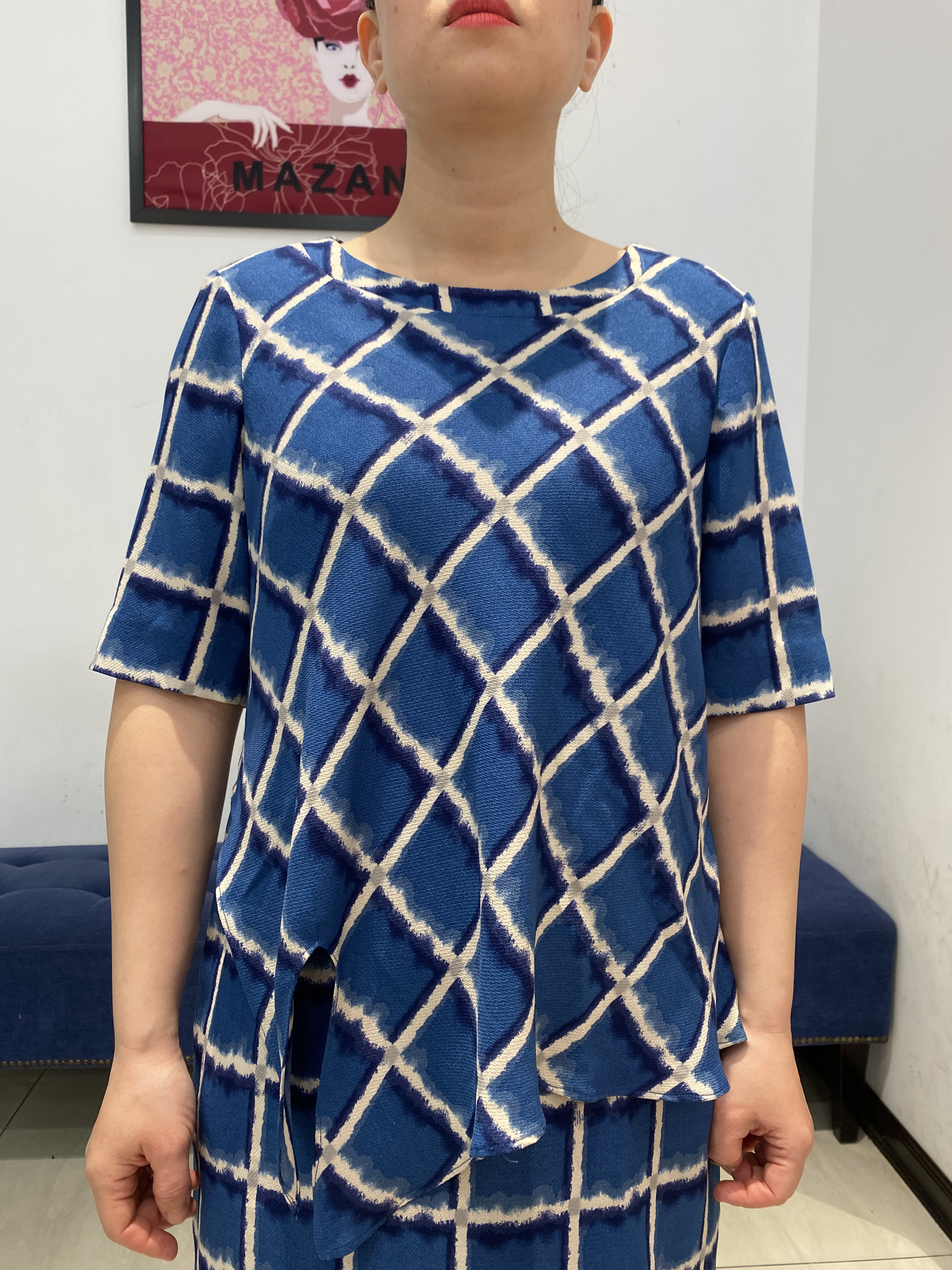 Đầm suông xanh kẻ ô nhún eo