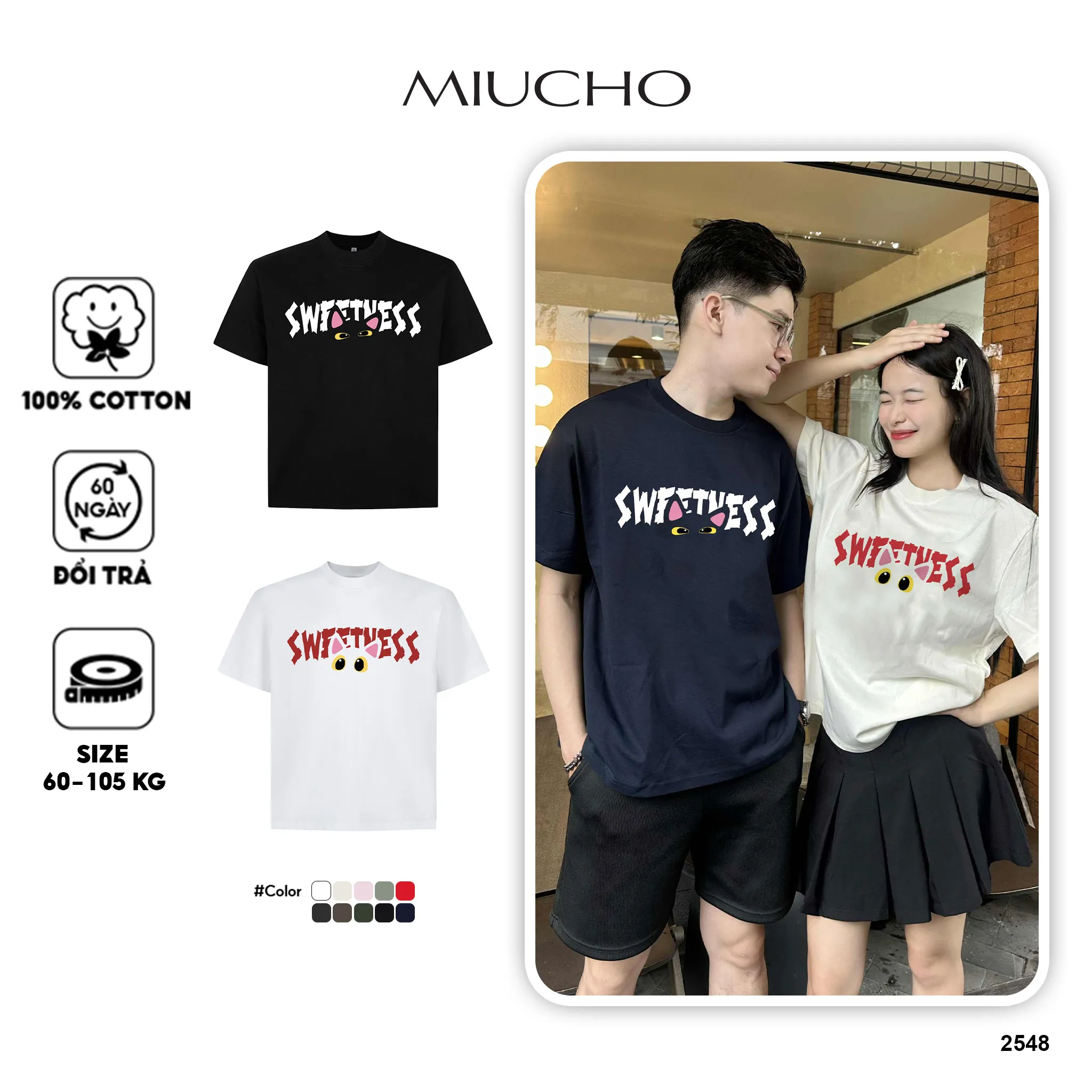 Áo thun cặp đôi phong cách Hàn Quốc 2549 Miucho chất vải cotton thoáng mát thấm hút mồ hôi