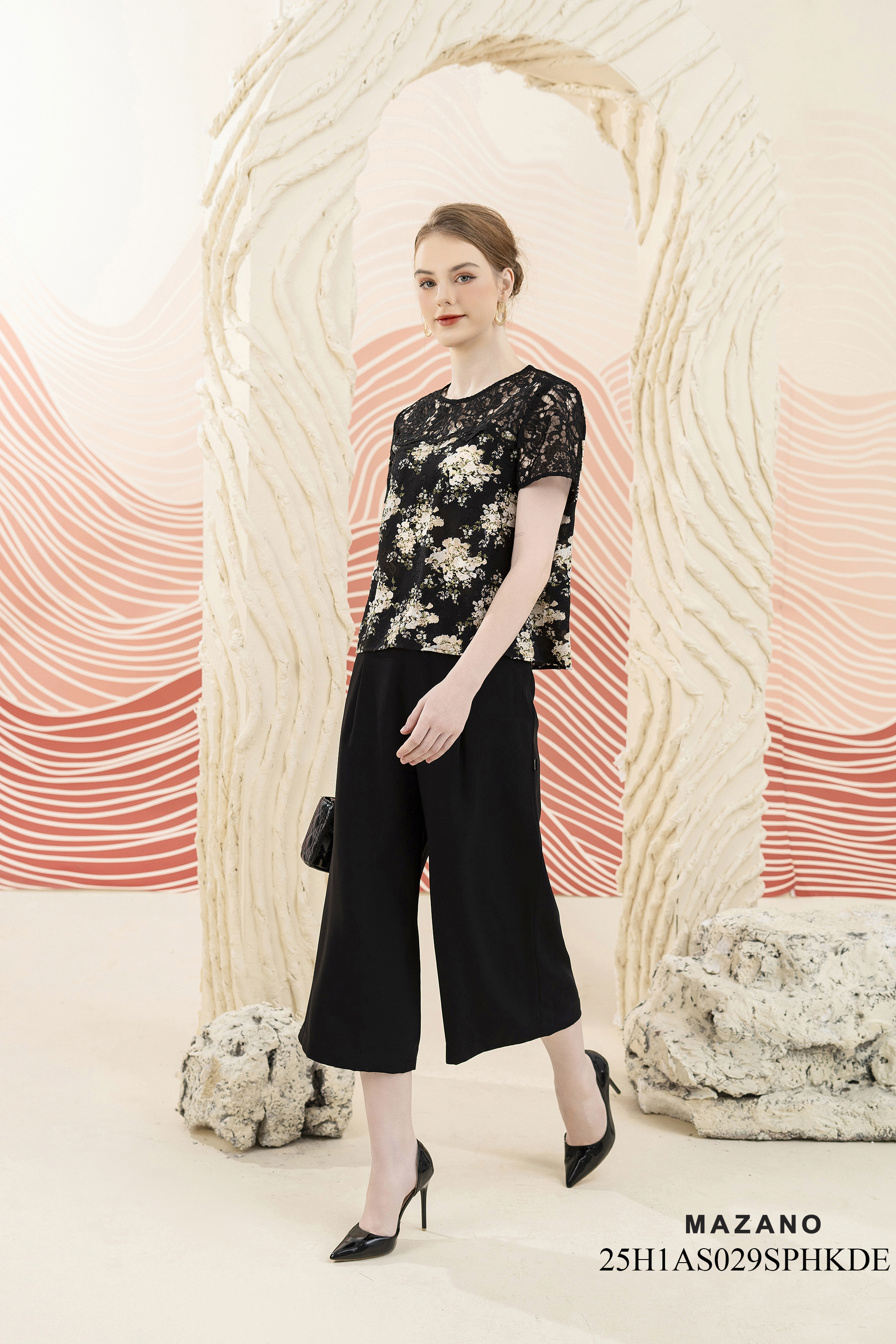 Áo Top Suông Vải voan 3D phối ren Họa tiết hoa cách điệu Cổ tròn Tay ngắn Dài dưới eo_thumbnail_3