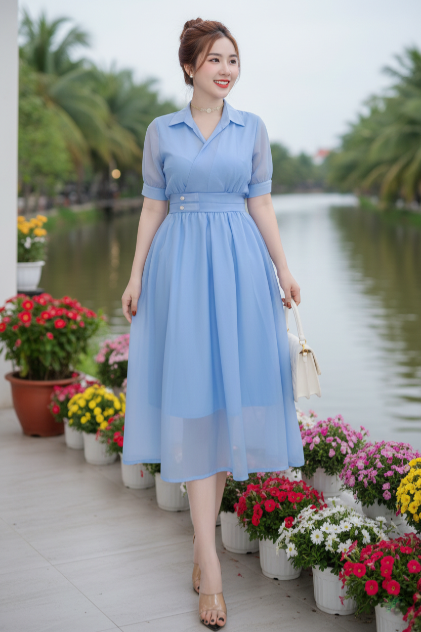 Đầm xòe cổ sơ mi nhún eo_thumbnail_3